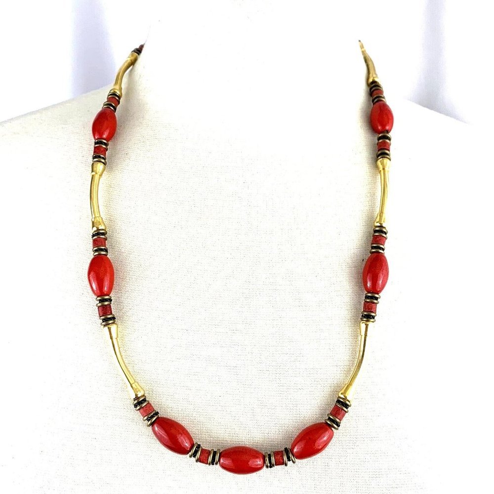 Long Red Gold Tone Beaded Necklace Bamboo Coral Color Boho Tubular Bead Vintage